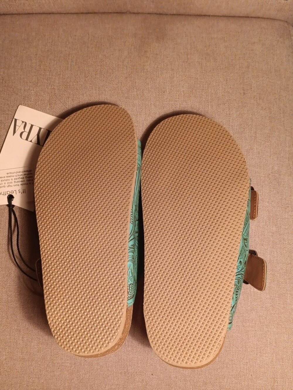 Myra Bag Hand-tooled Turquoise Embossed Leather Double-Buckle Sandals. - Picture 3 of 5